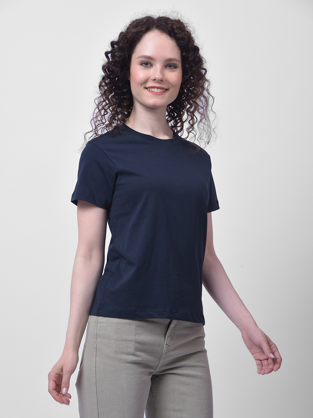 Numero Uno Women Solid Navy Blue Cotton T-Shirt